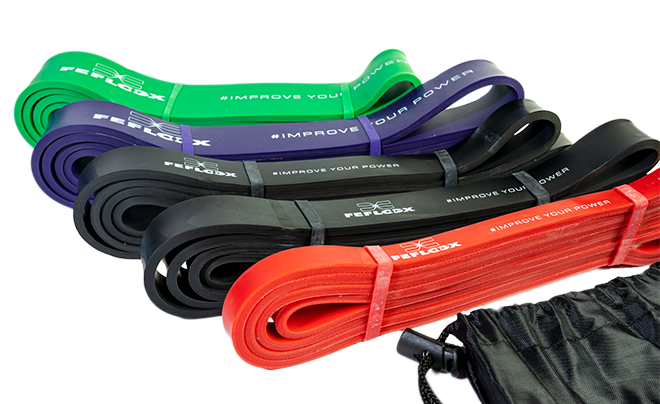 FEFLOGX Sportswear Resistance-Bands / Widerstands-Bänder, 4 verschiedene Stärken & Farben. Fitness-Bands, Sport-Bänder. Gummi-Bänder, 5er-Set mit Tasche (1).