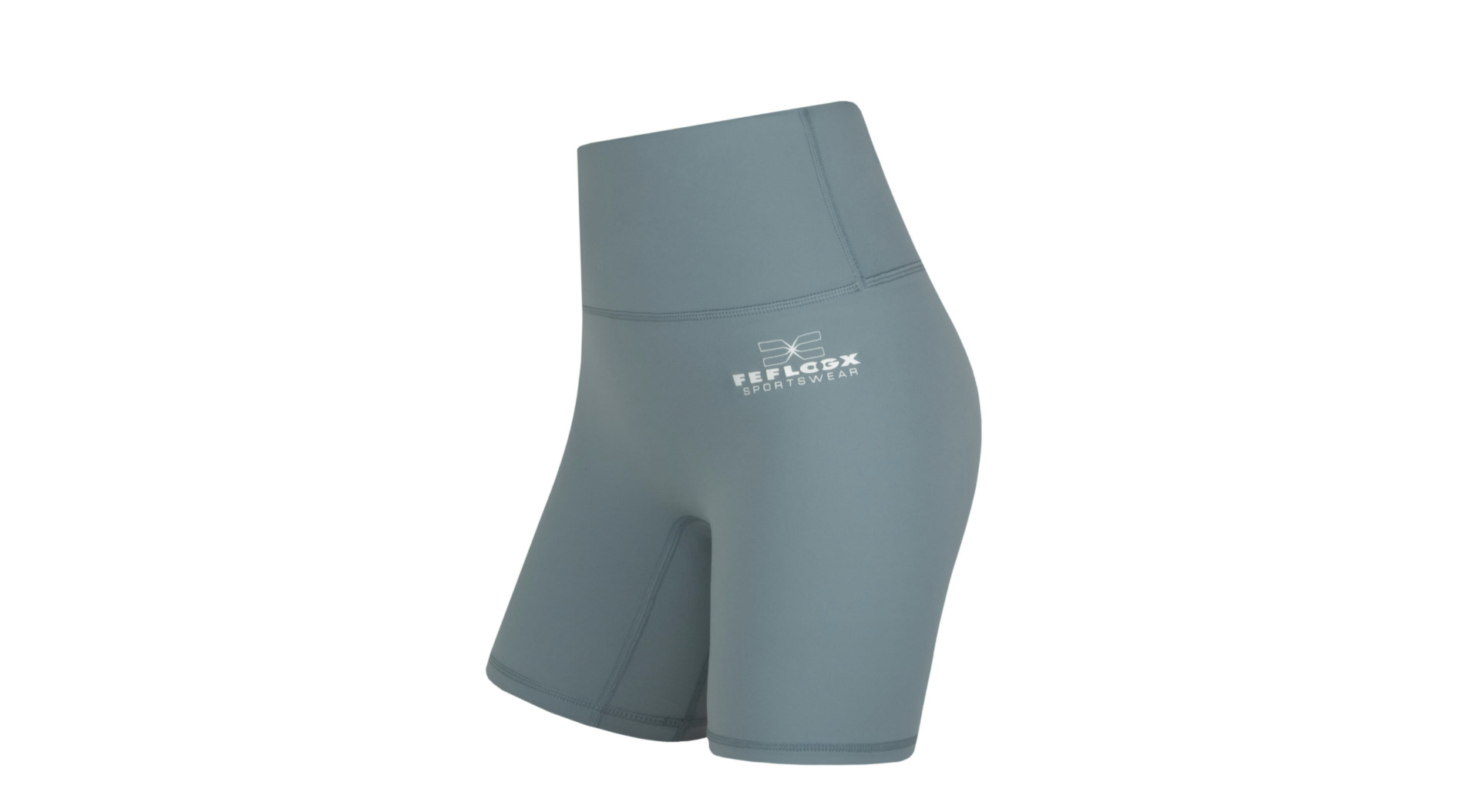 FFX Kurze Damen Tight Shorts Classy Shape by FEFLOGX Sportswear, super stylische kurze Leggings Damen, se*y Tights, Damen Sportshorts, pastell-rosa, schwarz & hell-grün, Damen Sport Shorts, seitlich vordere Ansicht der hell blau-grünen kurze Sporthose Damen (1).