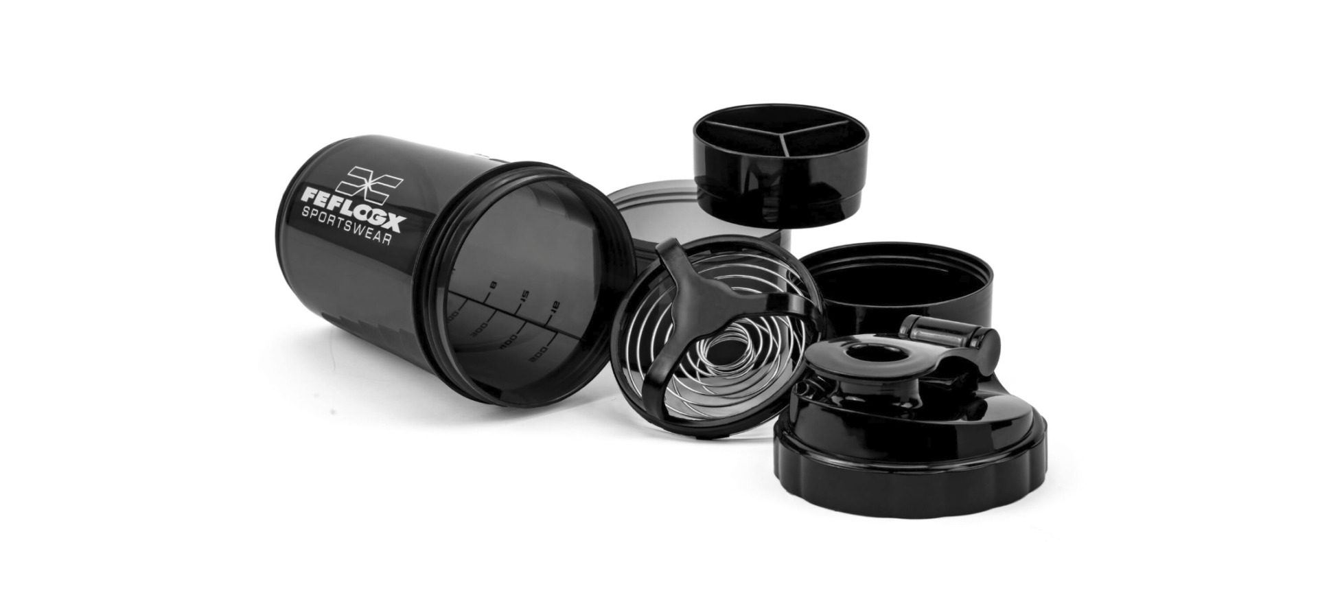 FEFLOGX Sportswear FFX Eiweiß Shaker Multi Boost High Performance, mit 2 Fächern für Pulver & Tabletten / Supplements etc., höchste Qualität mit hochwertigem Drehverschluss & herausnehmbarem, erstklassigem Edelstahl-Feder-Sieb für supercremige Shakes, 750ml / 20oz, frei von BPA & DEHP, Mixer, enorm langlebig & verlässlich auslaufsicher, vordere, Shakemixer, Eiweiß Shaker, Protein Shaker mit Pulverfach, Eiweißshaker, Shake Mixer, recycelbar, Vorderansicht, Skala 500ml Foto_3.