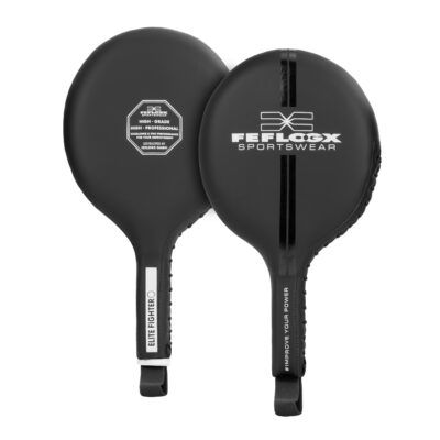 FFX Target Box Paddles Hand Pratzen Pro Coaching by FEFLOGX, Teller Box Pratzen für Boxen mit Superior Profi-Qualität, Pratzen Boxen, Handpratzen, Boxpratzen, Boxing Pads für High Performance, Tellerpratzen, Ansichten von vorne & hinten der Elite Boxpratzen in schwarz.